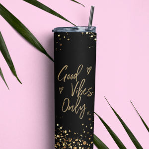 20oz Good Vibes Only Sublimated Skinny Tumbler on pink background with palm tree leaves