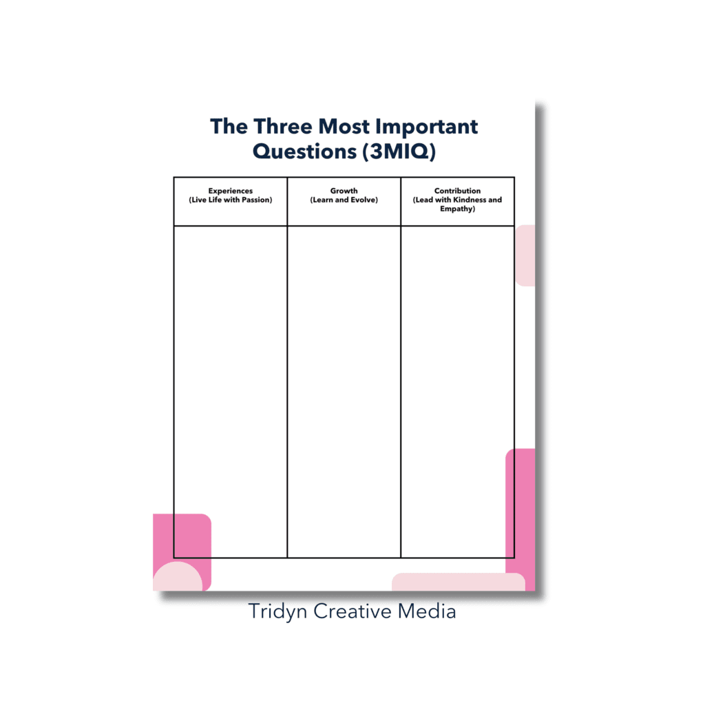 Sample page from a guidebook showing sections for the Three Most Important Questions (3MIQ) on life goals.