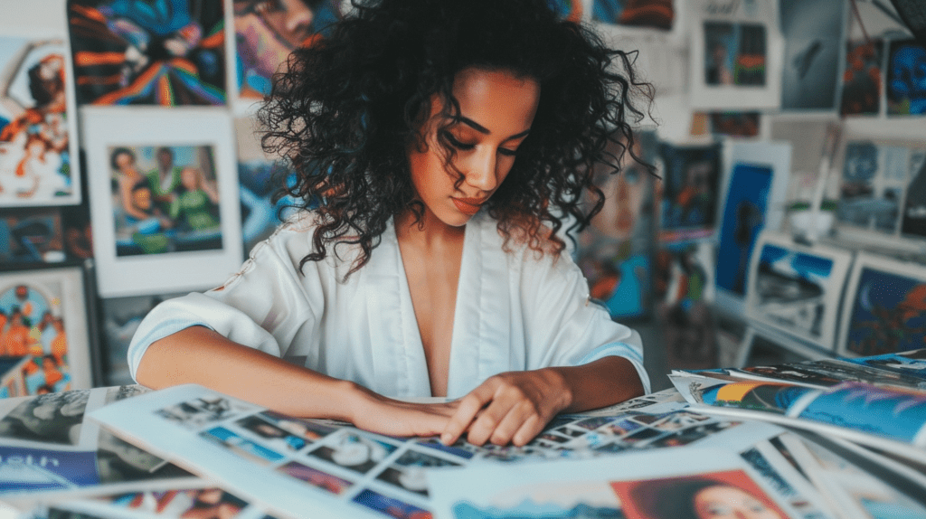 Curly-haired woman crafting a vision board with assorted inspirational images and quotes, embodying creative goal setting and personal aspirations.
