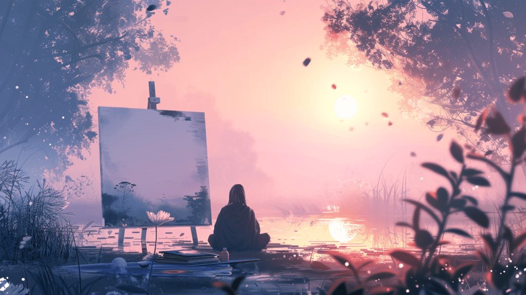 A person in contemplation before a blank canvas amidst a serene sunset, representing self-reflection and the beginning of a creative journey.