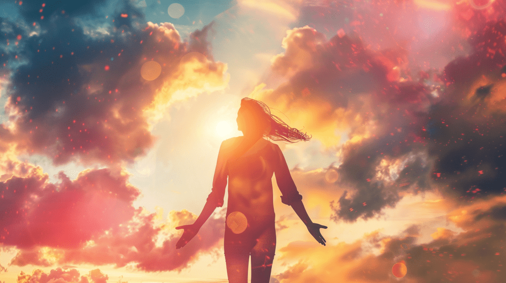 ilhouette of a person against a sunset sky, representing the concept of a Manifesting Dreamer.