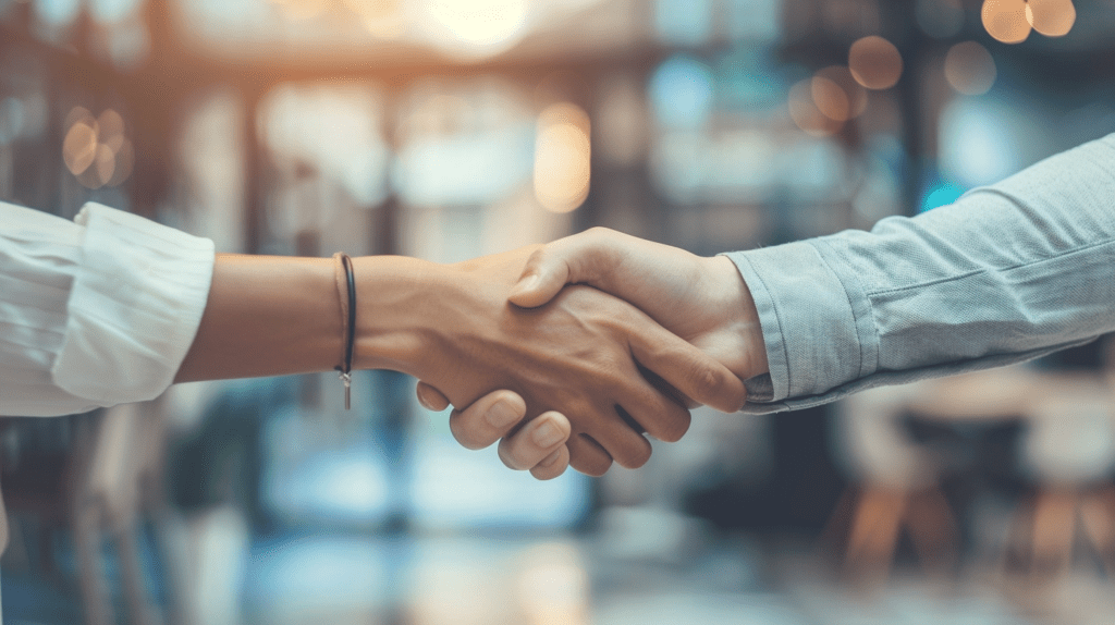 Two professionals shaking hands in a business setting, symbolizing trust and partnership.