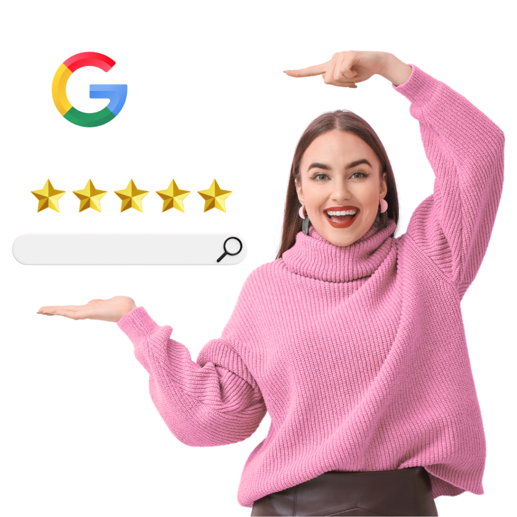 Get Found Online Woman pointing to a google search with 5 stars