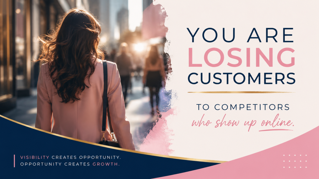You Are Losing Customers to Competitors Who Show Up Online 2 Woman walking down a city street with text reading You Are Losing Customers To Competitors Who Show Up Online, illustrating how local businesses lose leads to competitors with better online visibility