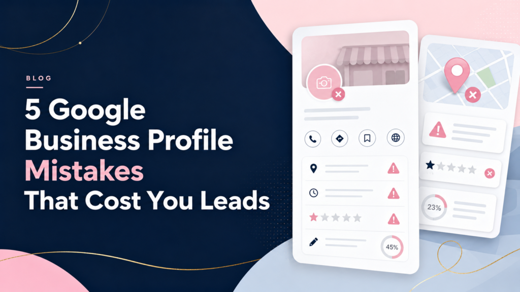 5 Google Business Profile mistakes that cost you leads Common Google Business Profile mistakes that cost local businesses leads, shown on a laptop with Google search results