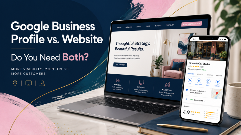 Google Business Profile vs. website comparison graphic for a local business shown on a laptop and phone