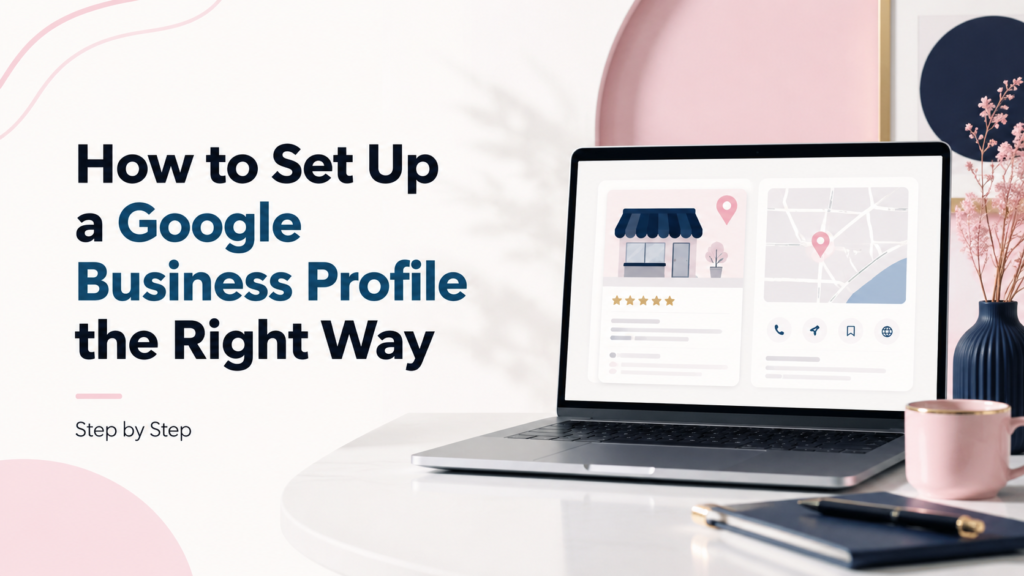 How to set up a Google Business Profile the right way Step-by-step guide to set up a Google Business Profile shown on a laptop displaying Google Maps and listing details