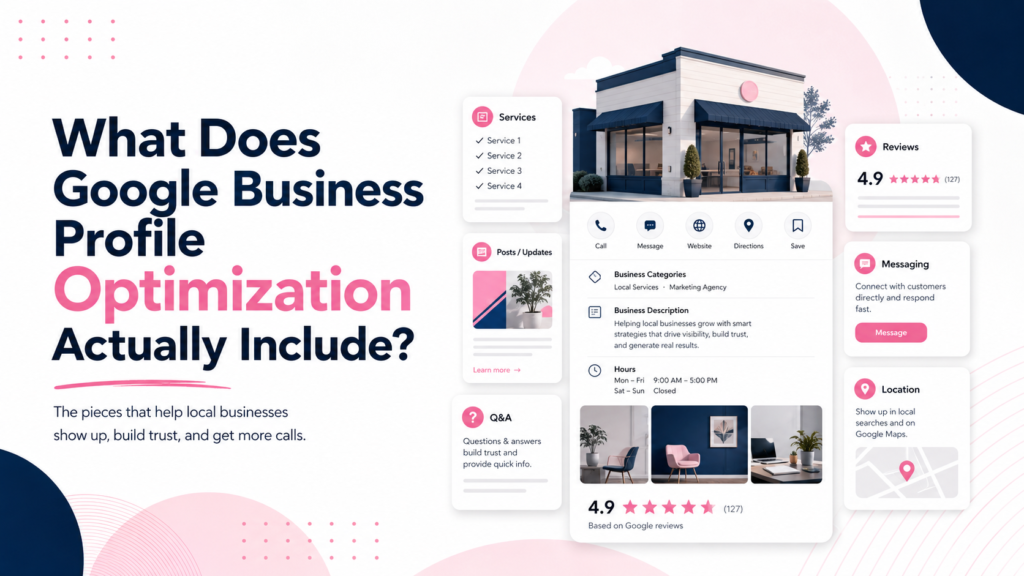 What Does Google Business Profile Optimization Actually Include? 2 Google Business Profile optimization checklist showing categories, photos, reviews, and posts for local businesses