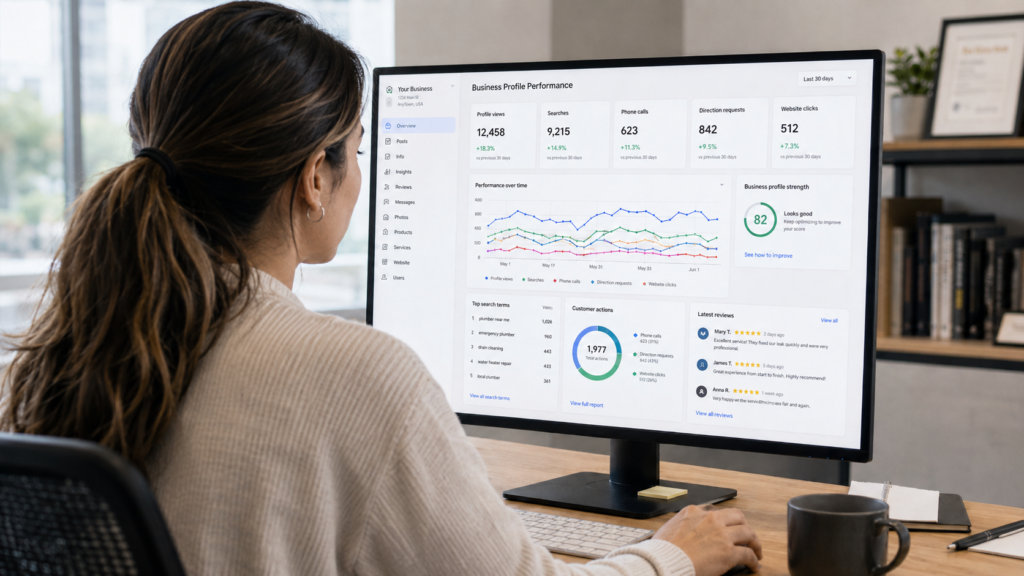 Woman looking at dashboard of Google Business Profile