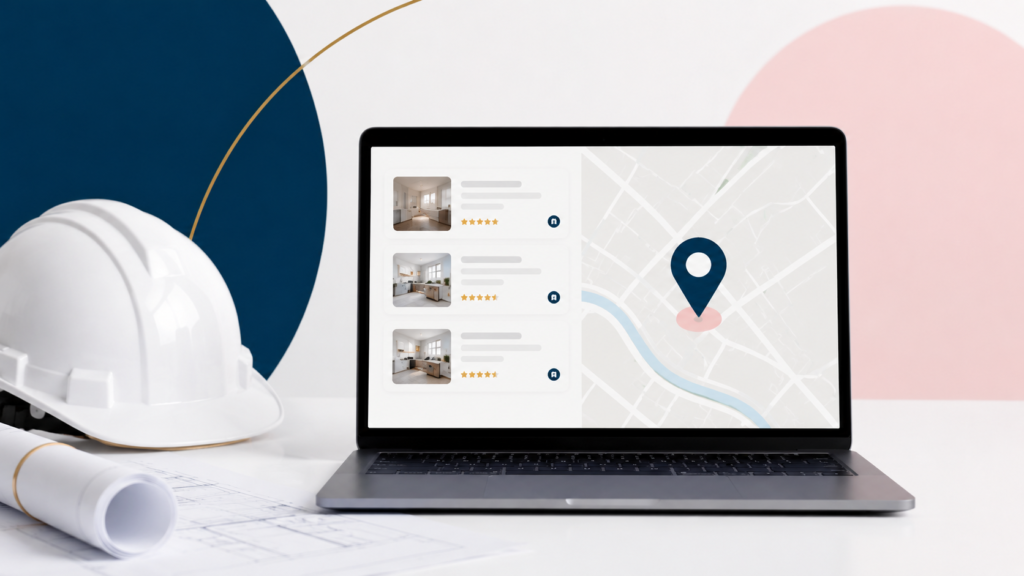 Laptop displaying local search results with map pin and star ratings next to a contractor's hard hat and blueprints, representing local SEO for contractors